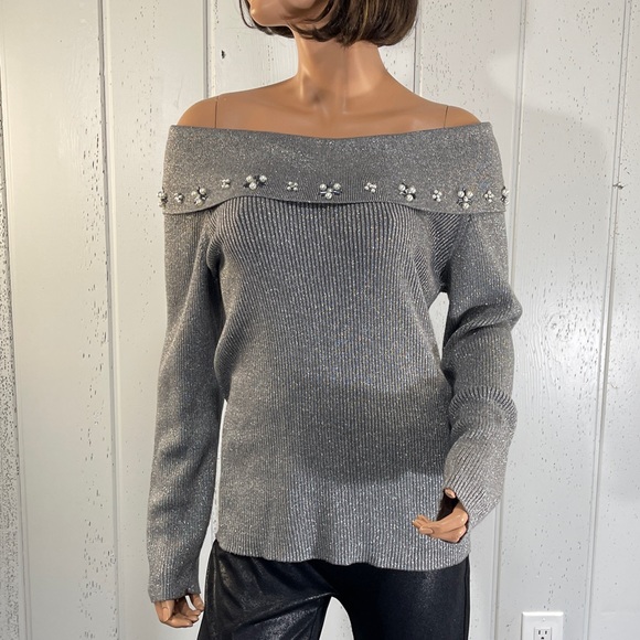 *Lauren Michelle Women’s Grey Off The Shoulder Sweater Sz L - Picture 4 of 13